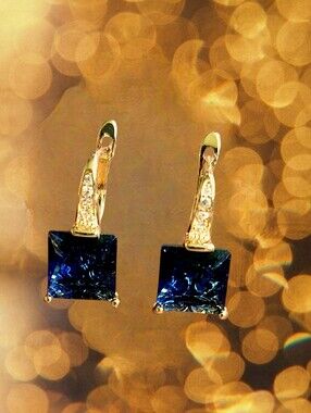 Gold-Tone Earrings with Deep Blue Square Crystal